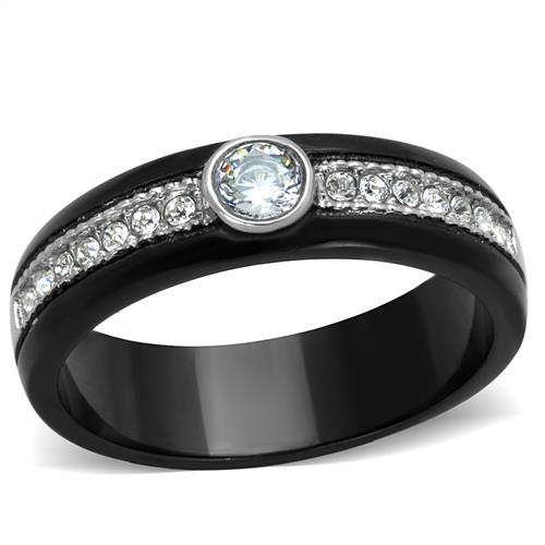 TK2019 Two-Tone IP Black Stainless Steel Ring featuring a clear AAA grade CZ stone, showcasing a modern and elegant design.