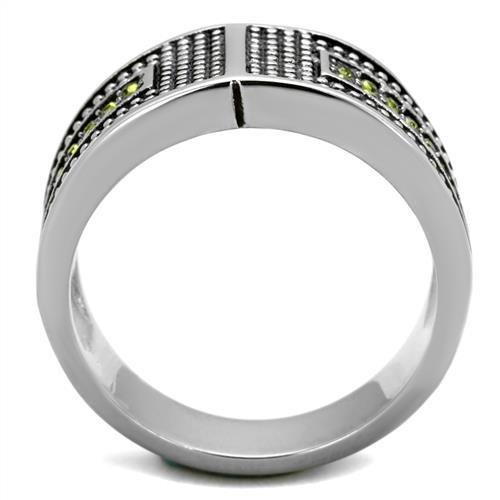 TK2022 High Polished Stainless Steel Ring featuring a vibrant olivine crystal centerpiece, showcasing its elegant design.