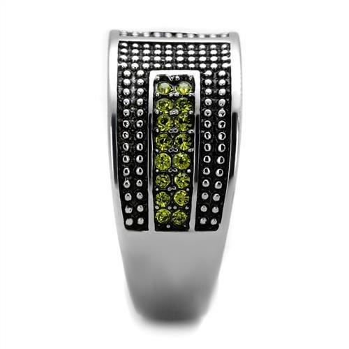 TK2022 High Polished Stainless Steel Ring featuring a vibrant olivine crystal centerpiece, showcasing its elegant design.