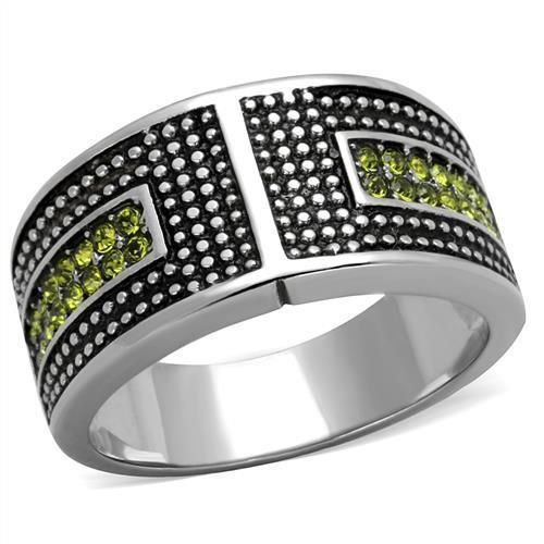 TK2022 High Polished Stainless Steel Ring featuring a vibrant olivine crystal centerpiece, showcasing its elegant design.