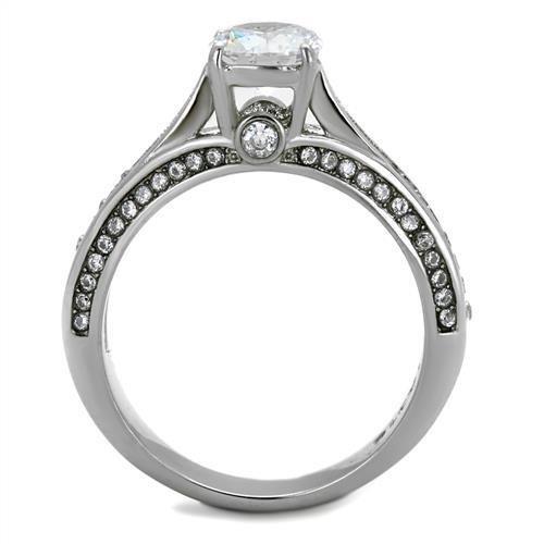 TK2026 High Polished Stainless Steel Ring featuring a clear AAA grade cubic zirconia center stone, showcasing a shiny and elegant design.