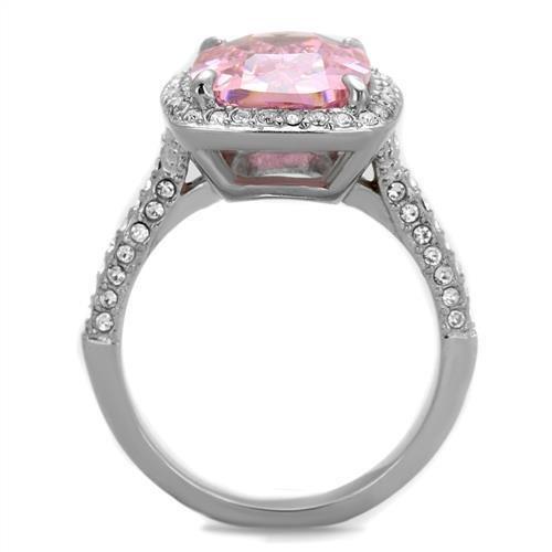 TK2027 High Polished Stainless Steel Ring featuring a rose AAA Grade CZ stone, showcasing its elegant design and shiny finish.