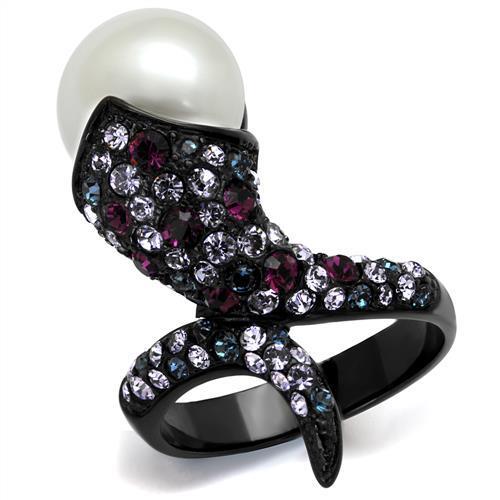 TK2203 IP Black Stainless Steel Ring featuring a white synthetic pearl centerpiece, showcasing a modern and elegant design.