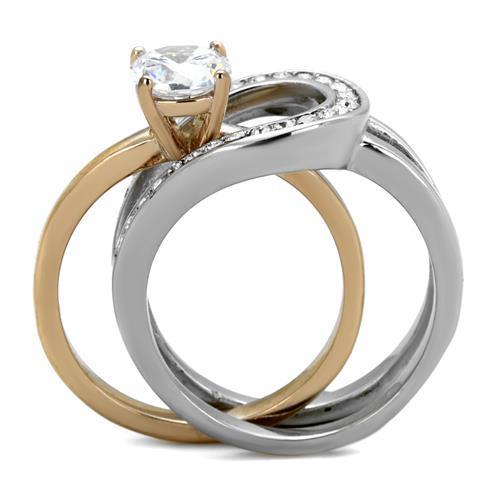 TK2032 Two-Tone IP Rose Gold Stainless Steel Ring featuring a clear AAA Grade CZ stone, elegantly designed for both casual and formal wear.