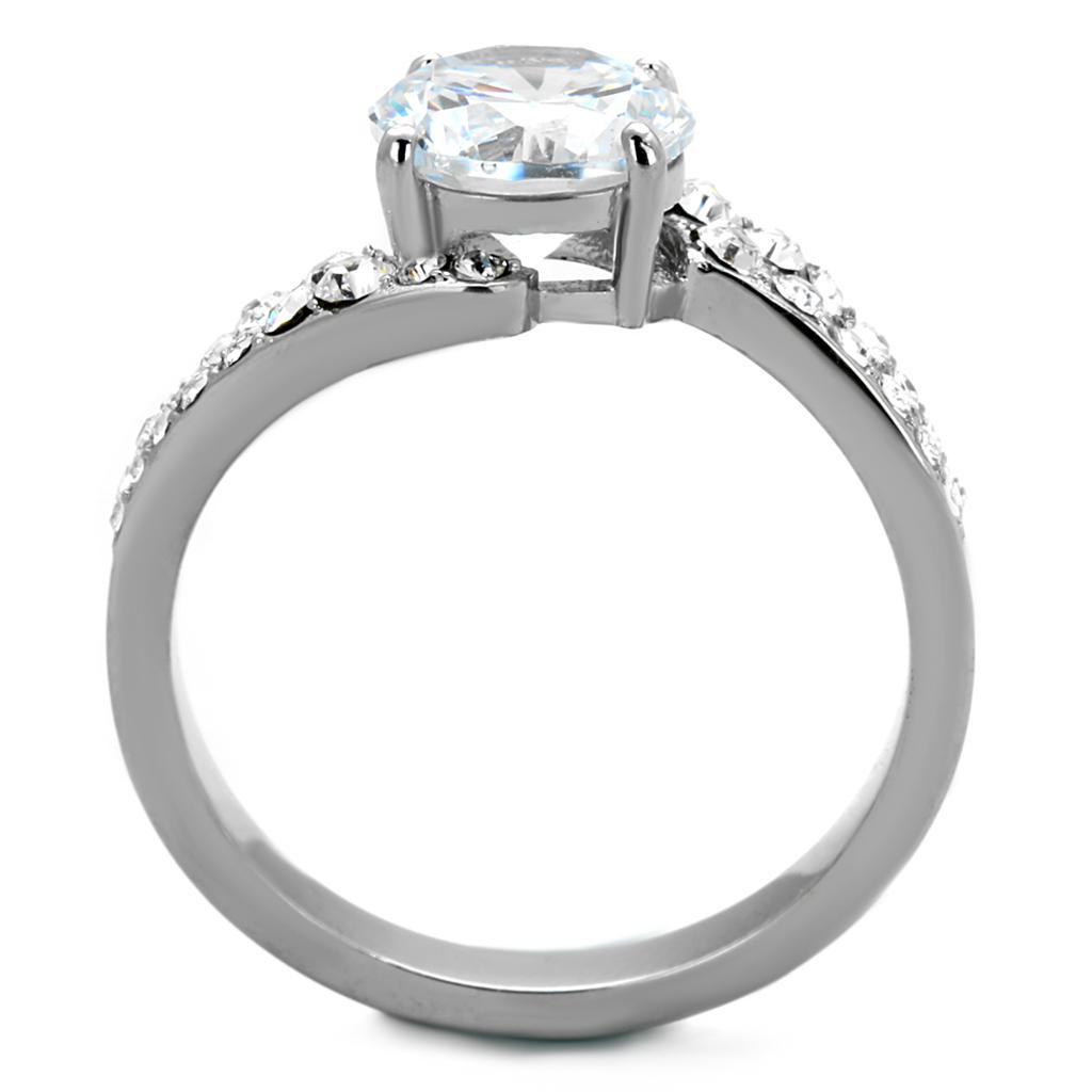 TK2040 High Polished Stainless Steel Ring featuring a clear AAA Grade CZ stone, showcasing its elegant design and shiny finish.