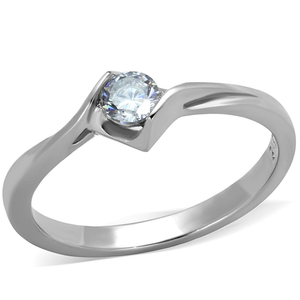 TK2042 High Polished Stainless Steel Ring featuring a clear AAA Grade CZ stone, showcasing its elegant design and shiny finish.