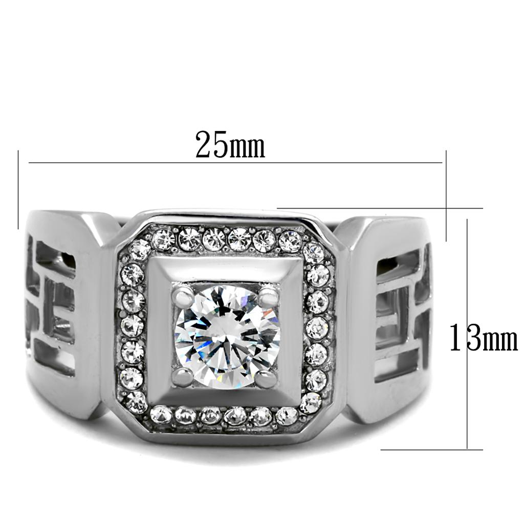 TK2046 High Polished Stainless Steel Ring featuring a clear AAA Grade CZ stone, showcasing its elegant design and shiny finish.