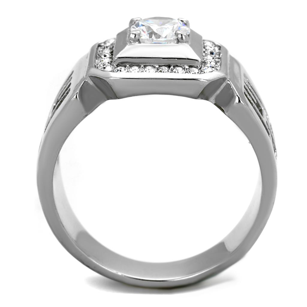 TK2046 High Polished Stainless Steel Ring featuring a clear AAA Grade CZ stone, showcasing its elegant design and shiny finish.