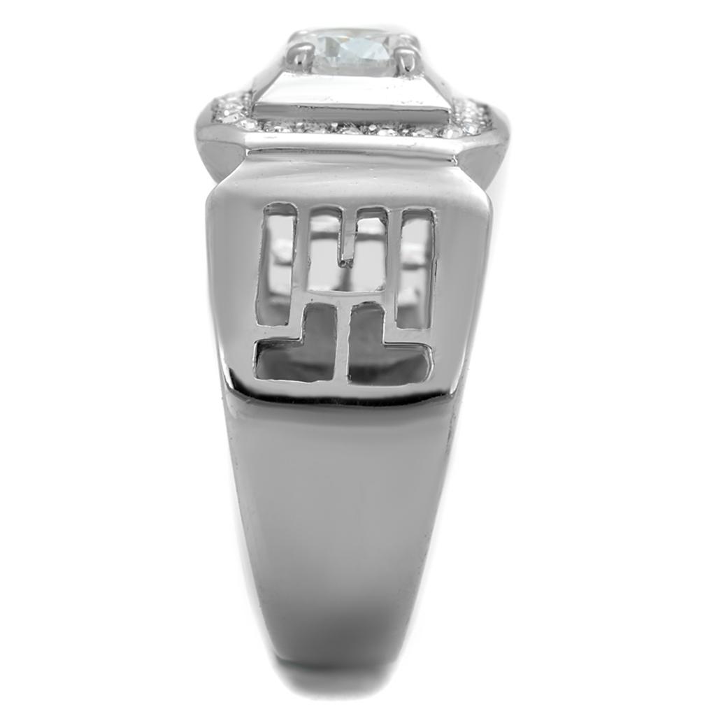 TK2046 High Polished Stainless Steel Ring featuring a clear AAA Grade CZ stone, showcasing its elegant design and shiny finish.