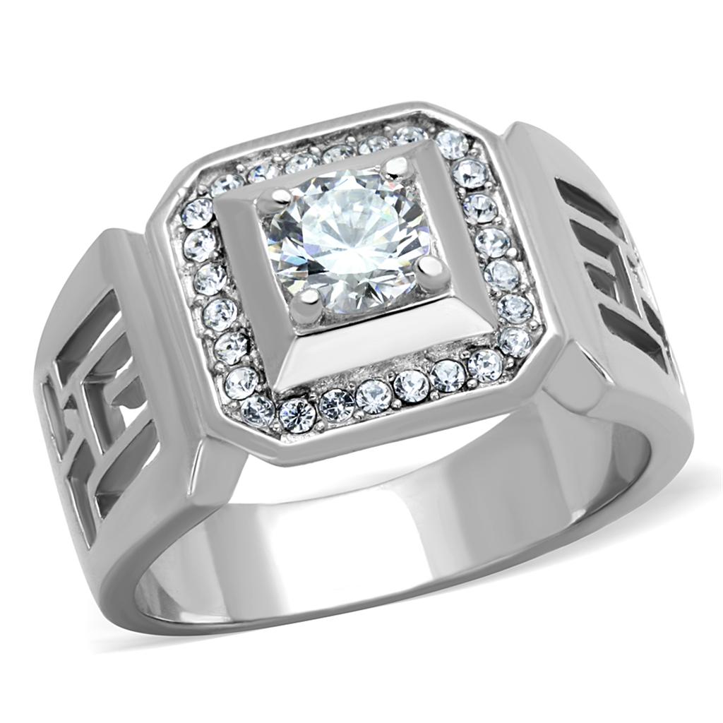 TK2046 High Polished Stainless Steel Ring featuring a clear AAA Grade CZ stone, showcasing its elegant design and shiny finish.