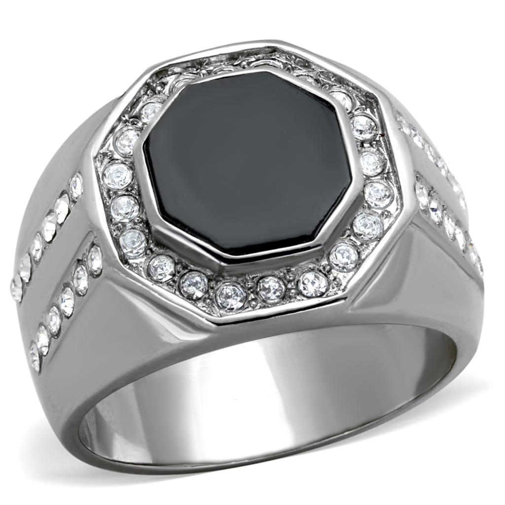 TK2066 High Polished Stainless Steel Ring featuring a clear top-grade crystal centerpiece, showcasing a sleek and shiny design.