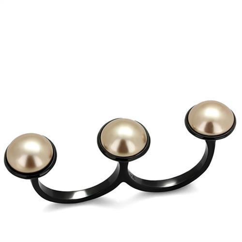 TK2104 IP Black Stainless Steel Ring featuring a synthetic pearl centerpiece in metallic light gold color, showcasing a modern design.