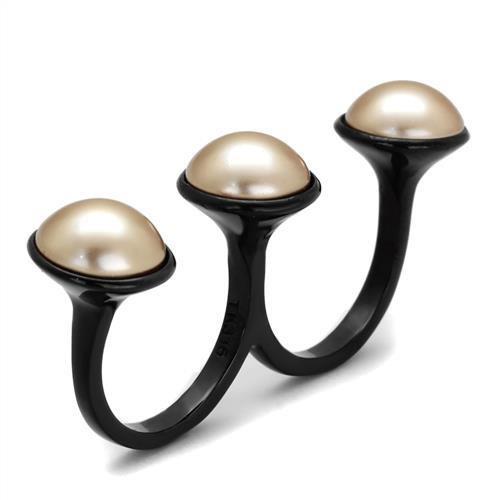 TK2104 IP Black Stainless Steel Ring featuring a synthetic pearl centerpiece in metallic light gold color, showcasing a modern design.