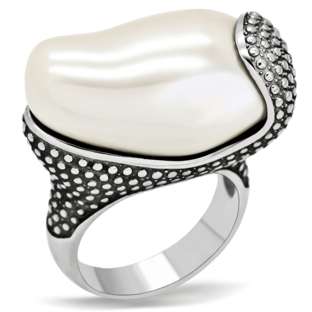 TK212 High Polished Stainless Steel Ring featuring a white synthetic stone, showcasing a sleek and shiny design.