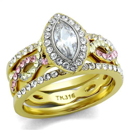 TK2129 Two-Tone IP Gold Stainless Steel Ring featuring a clear AAA grade CZ stone, showcasing its elegant design and luxurious finish.