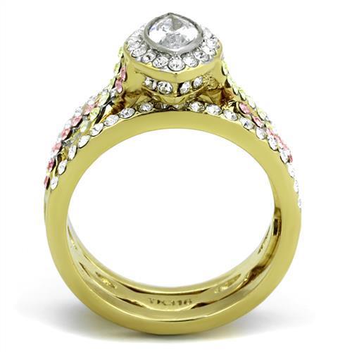 TK2129 Two-Tone IP Gold Stainless Steel Ring featuring a clear AAA grade CZ stone, showcasing its elegant design and luxurious finish.