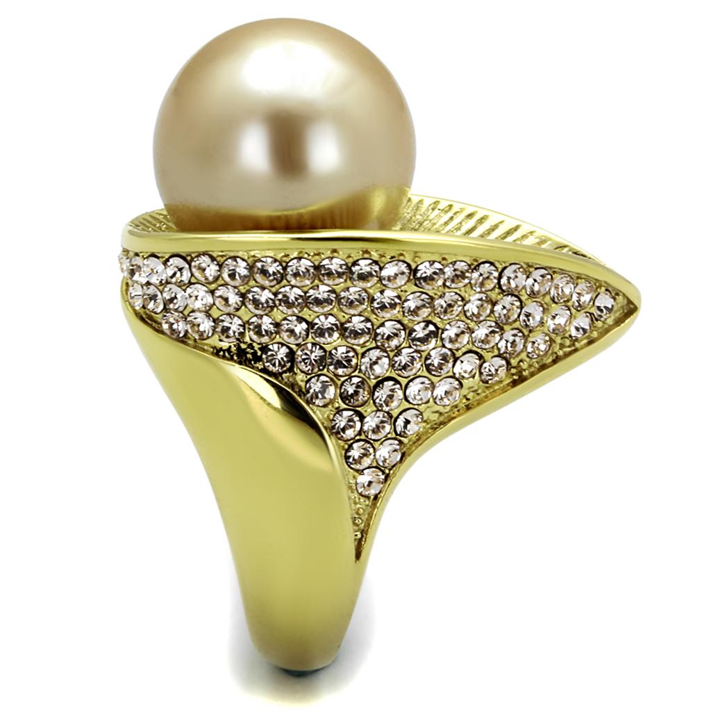 TK2131 IP Gold Stainless Steel Ring featuring a champagne synthetic pearl, showcasing its elegant design and luxurious finish.