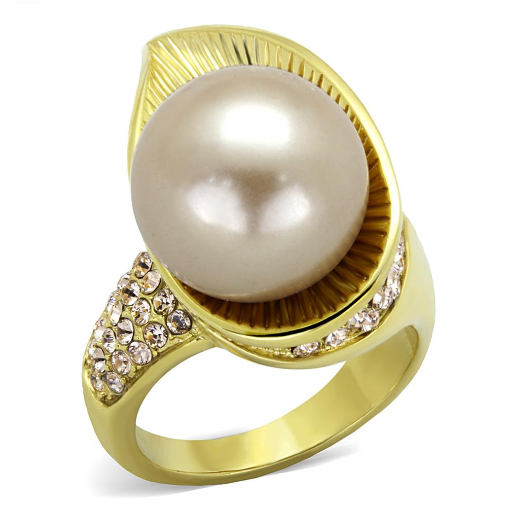 TK2131 IP Gold Stainless Steel Ring featuring a champagne synthetic pearl, showcasing its elegant design and luxurious finish.