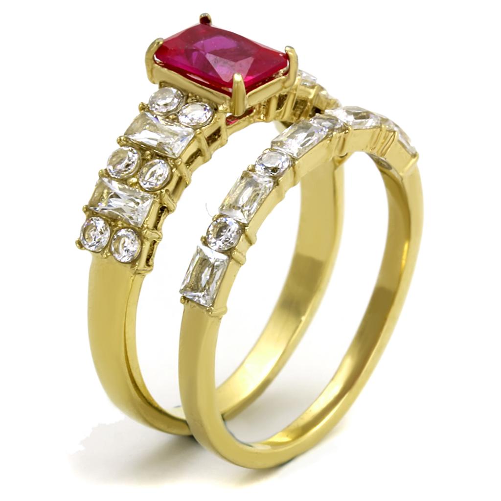 TK2134 IP Gold Stainless Steel Ring featuring AAA Grade CZ in ruby color, showcasing its elegant design and luxurious finish.