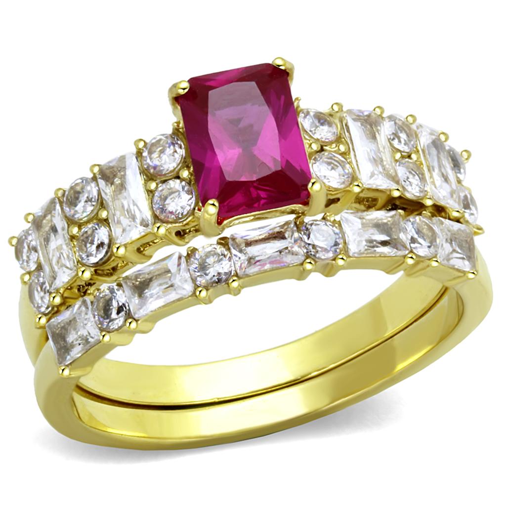 TK2134 IP Gold Stainless Steel Ring featuring AAA Grade CZ in ruby color, showcasing its elegant design and luxurious finish.