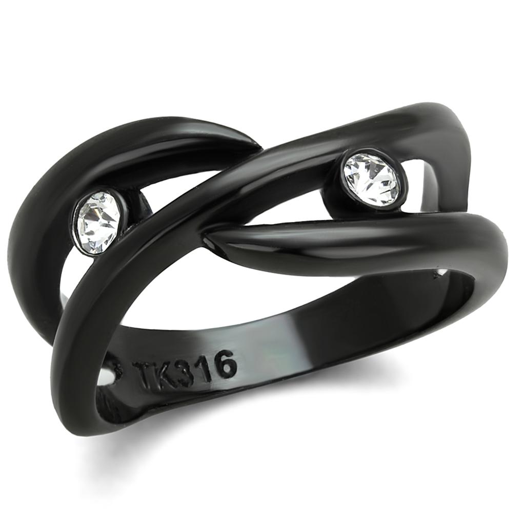 TK2137 IP Black Stainless Steel Ring featuring a clear top grade crystal, showcasing a modern design with a sleek finish.