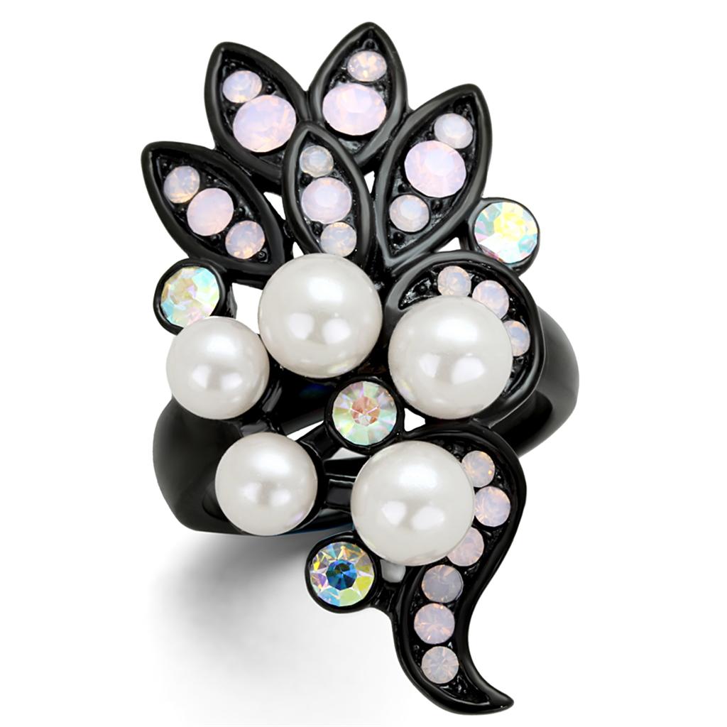 TK2138 IP Black Stainless Steel Ring featuring a synthetic light rose pearl, showcasing its elegant design and durable finish.