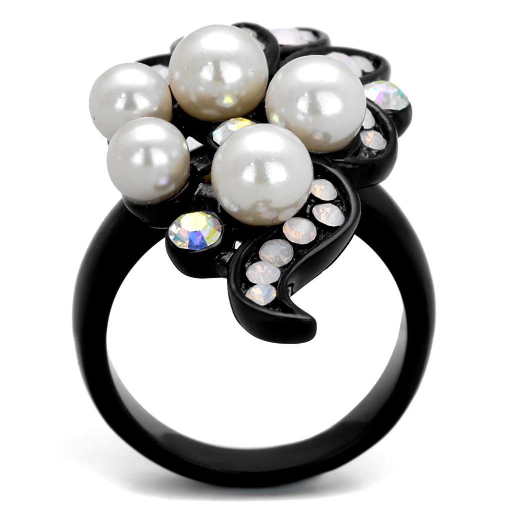 TK2138 IP Black Stainless Steel Ring featuring a synthetic light rose pearl, showcasing its elegant design and durable finish.