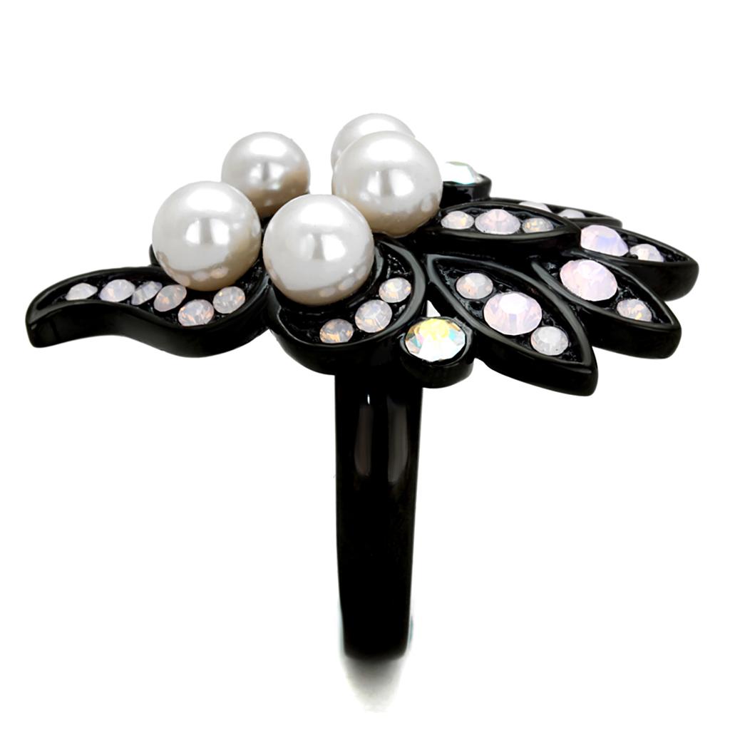 TK2138 IP Black Stainless Steel Ring featuring a synthetic light rose pearl, showcasing its elegant design and durable finish.