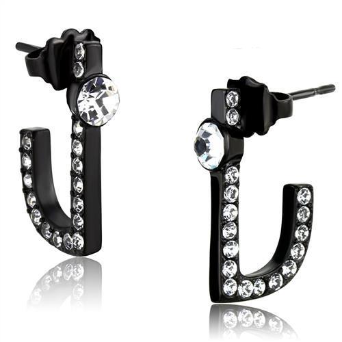 TK2150 IP Black Stainless Steel Earrings with clear top-grade crystals, showcasing a modern design and lightweight construction.