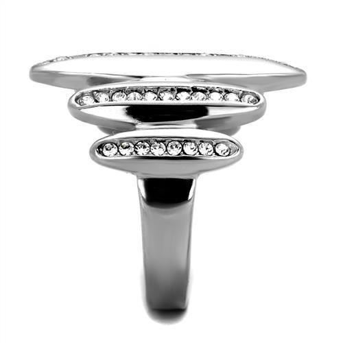 TK2156 High Polished Stainless Steel Ring featuring a clear top-grade crystal centerpiece, showcasing its elegant design and shine.