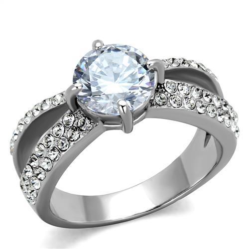 TK2165 High Polished Stainless Steel Ring featuring a clear AAA Grade CZ stone, showcasing a sleek and modern design.