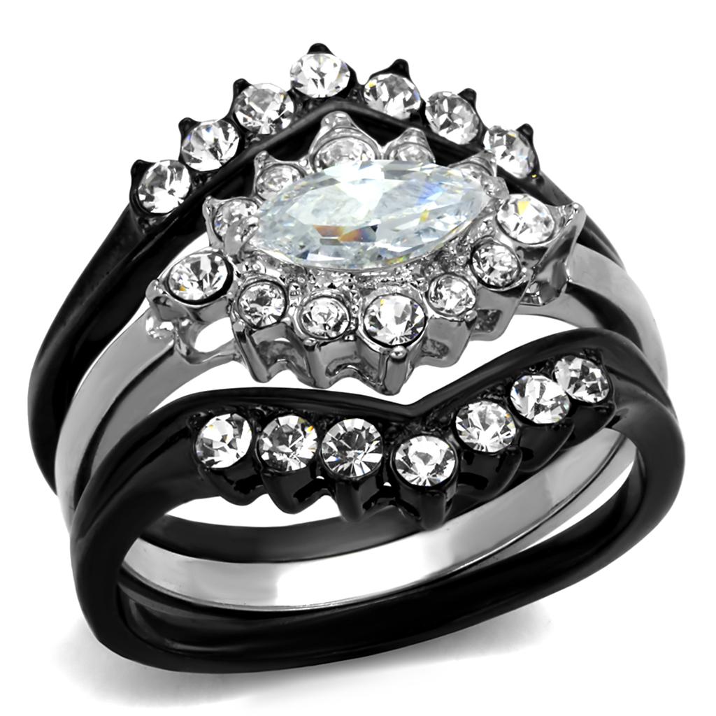 TK2188 Two-Tone IP Black Stainless Steel Ring featuring a clear AAA Grade CZ stone, showcasing a modern and elegant design.