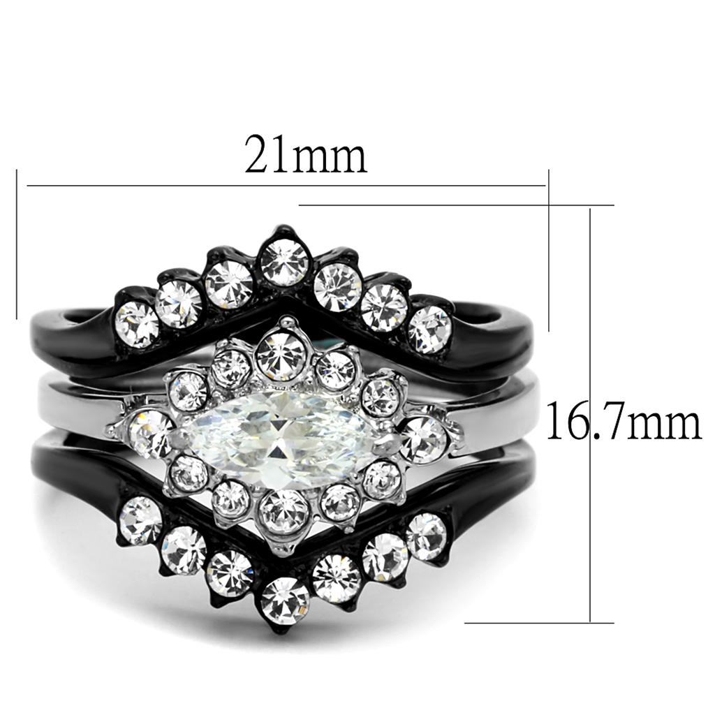 TK2188 Two-Tone IP Black Stainless Steel Ring featuring a clear AAA Grade CZ stone, showcasing a modern and elegant design.