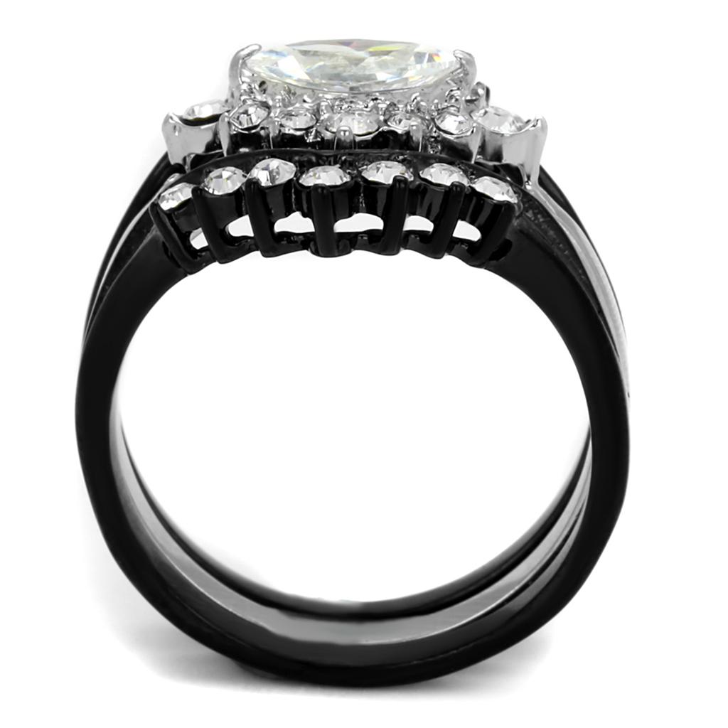 TK2188 Two-Tone IP Black Stainless Steel Ring featuring a clear AAA Grade CZ stone, showcasing a modern and elegant design.