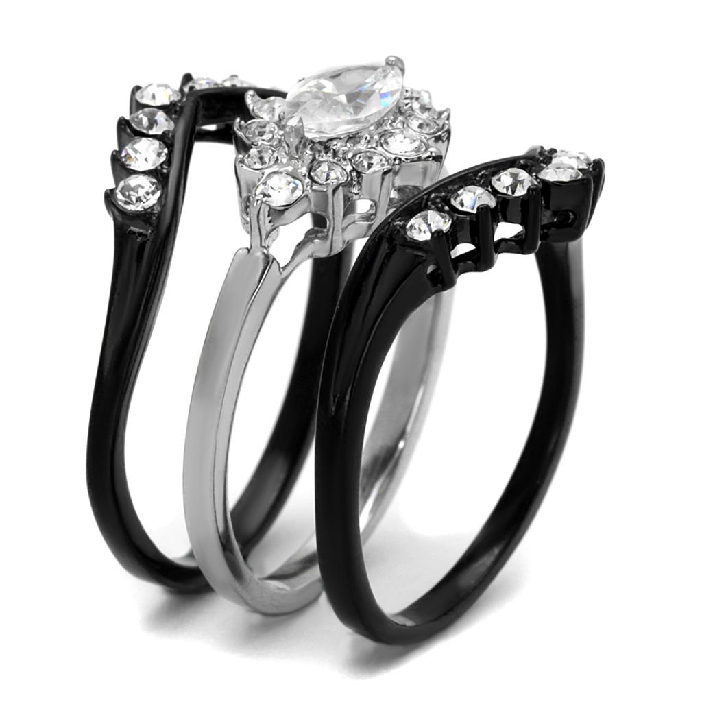 TK2188 Two-Tone IP Black Stainless Steel Ring featuring a clear AAA Grade CZ stone, showcasing a modern and elegant design.