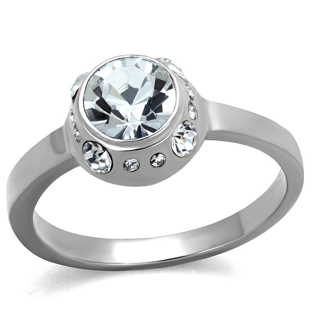 TK2183 High Polished Stainless Steel Ring featuring a clear top-grade crystal, showcasing a sleek and modern design.