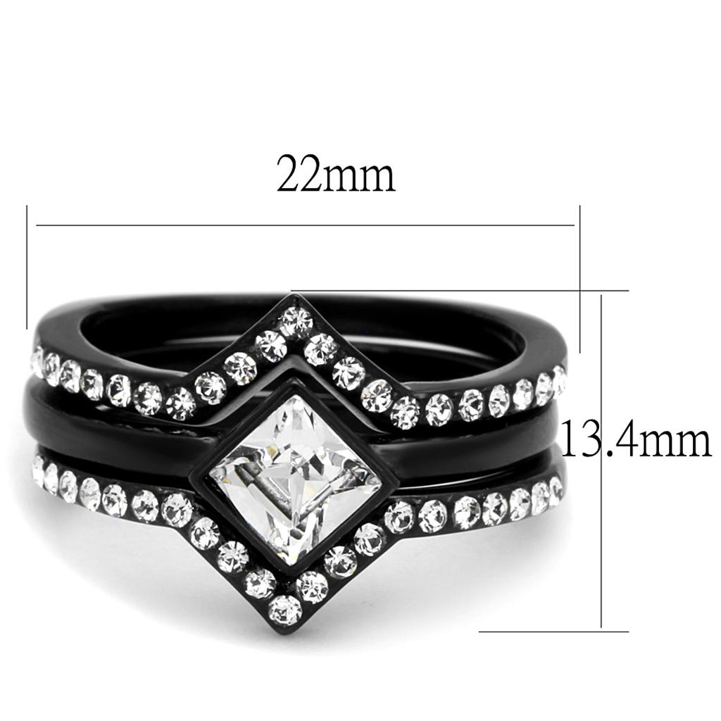 TK2185 IP Black Stainless Steel Ring featuring a clear top-grade crystal, showcasing a modern design with a sleek finish.