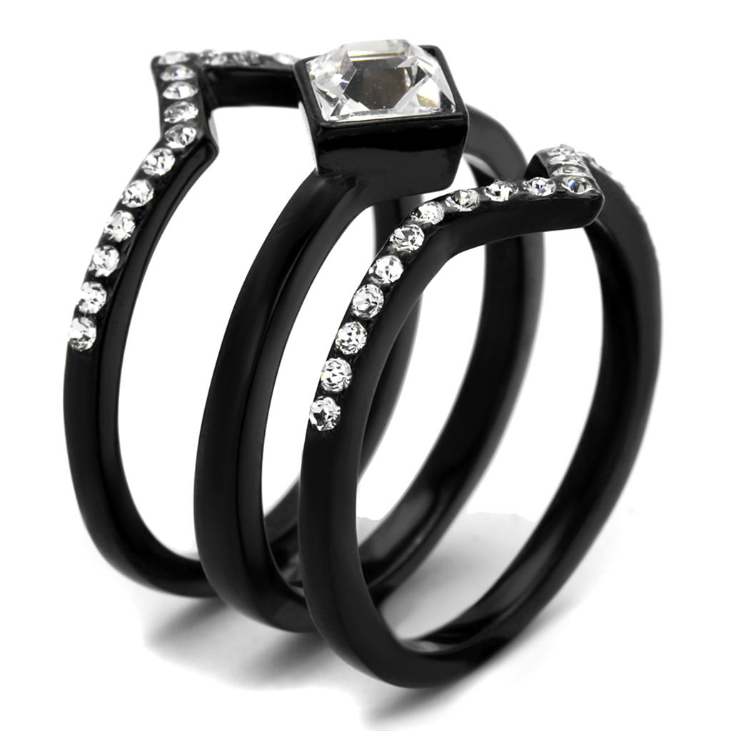 TK2185 IP Black Stainless Steel Ring featuring a clear top-grade crystal, showcasing a modern design with a sleek finish.