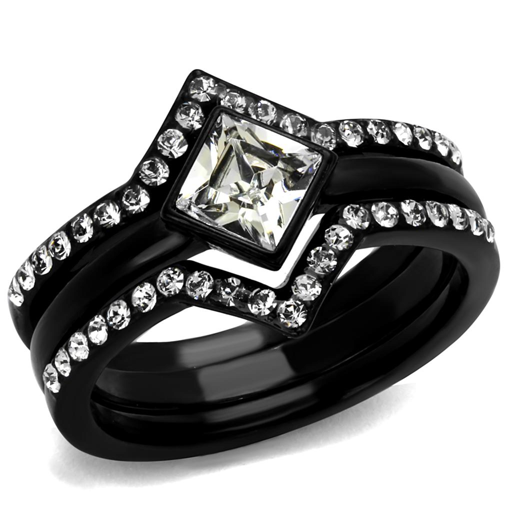 TK2185 IP Black Stainless Steel Ring featuring a clear top-grade crystal, showcasing a modern design with a sleek finish.