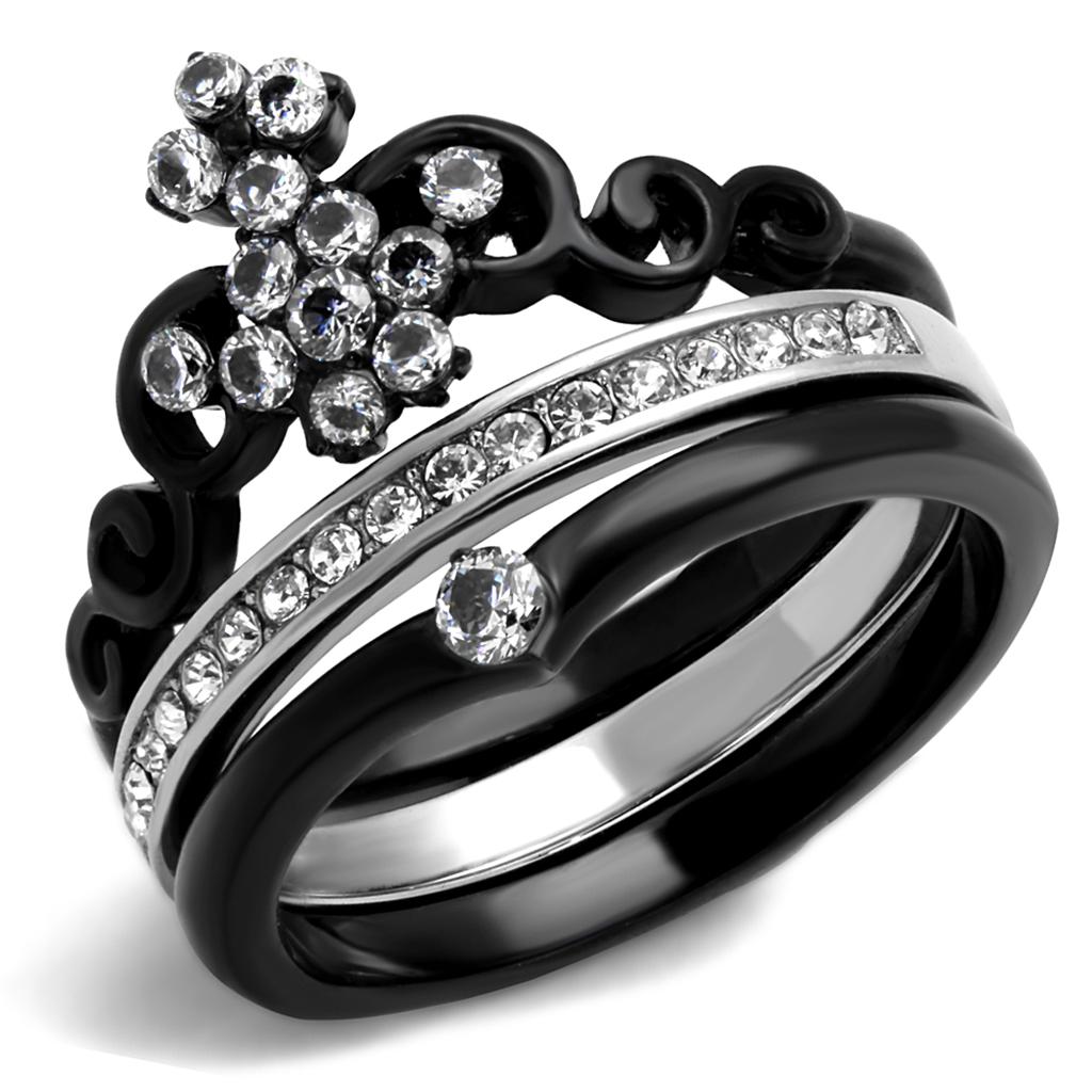 TK2187 Two-Tone IP Black Stainless Steel Ring featuring a clear AAA Grade CZ stone, showcasing a modern and elegant design.