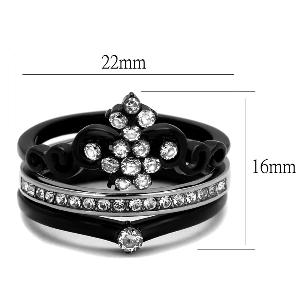 TK2187 Two-Tone IP Black Stainless Steel Ring featuring a clear AAA Grade CZ stone, showcasing a modern and elegant design.