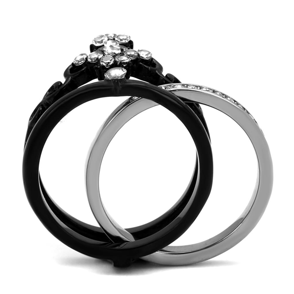 TK2187 Two-Tone IP Black Stainless Steel Ring featuring a clear AAA Grade CZ stone, showcasing a modern and elegant design.