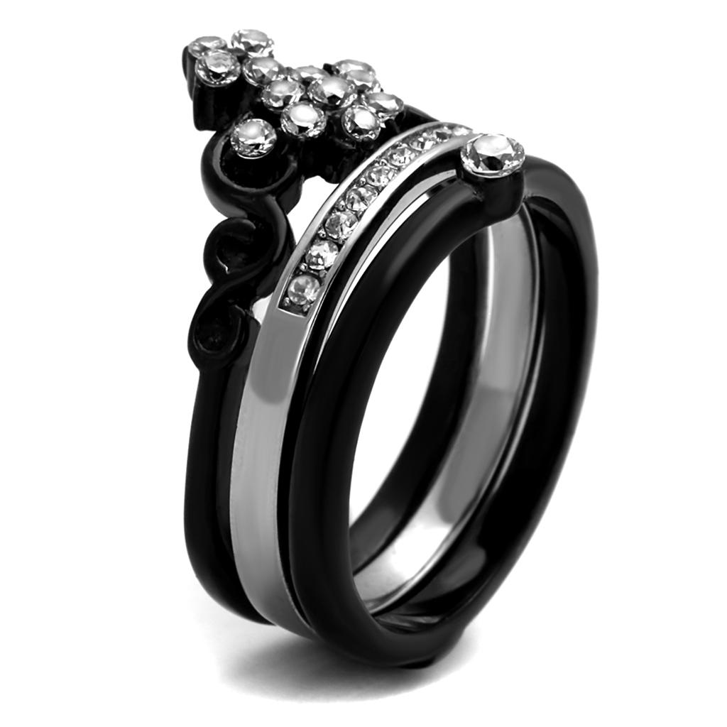 TK2187 Two-Tone IP Black Stainless Steel Ring featuring a clear AAA Grade CZ stone, showcasing a modern and elegant design.