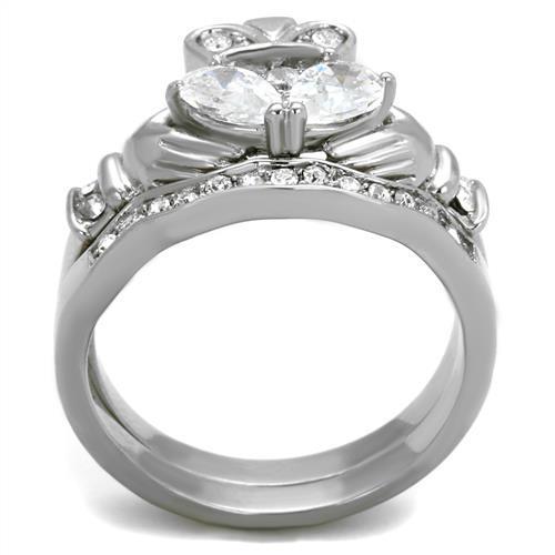 High polished stainless steel ring featuring a clear AAA grade cubic zirconia center stone, showcasing a sleek and elegant design.