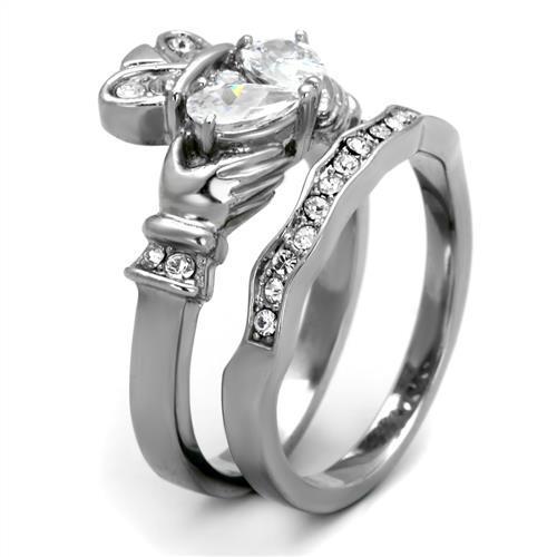 High polished stainless steel ring featuring a clear AAA grade cubic zirconia center stone, showcasing a sleek and elegant design.