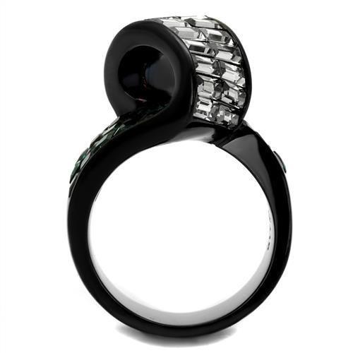 TK2199 IP Black Stainless Steel Ring featuring a synthetic blue zircon stone, showcasing a sleek and modern design.