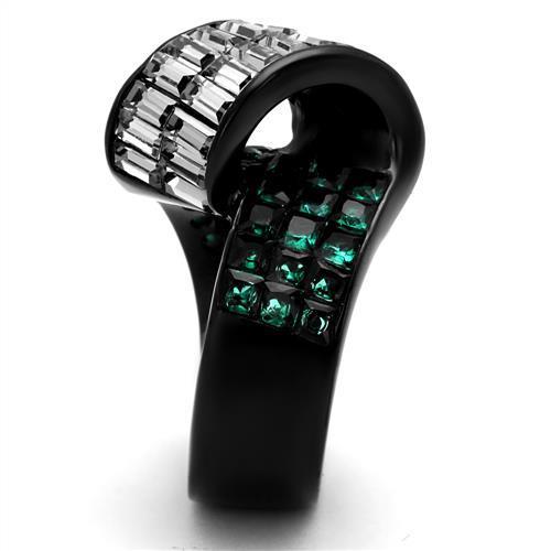 TK2199 IP Black Stainless Steel Ring featuring a synthetic blue zircon stone, showcasing a sleek and modern design.