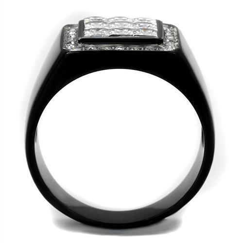 TK2230 Two-Tone IP Black Stainless Steel Ring featuring a clear AAA Grade CZ stone, showcasing a modern and elegant design.