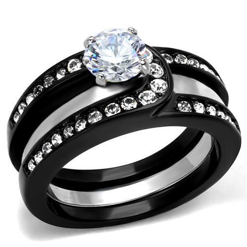 TK2303 Two-Tone IP Black Stainless Steel Ring featuring AAA Grade Clear CZ stone, showcasing a modern and elegant design.