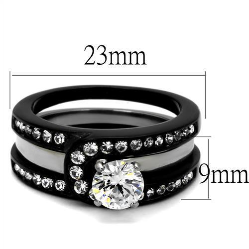 TK2303 Two-Tone IP Black Stainless Steel Ring featuring AAA Grade Clear CZ stone, showcasing a modern and elegant design.